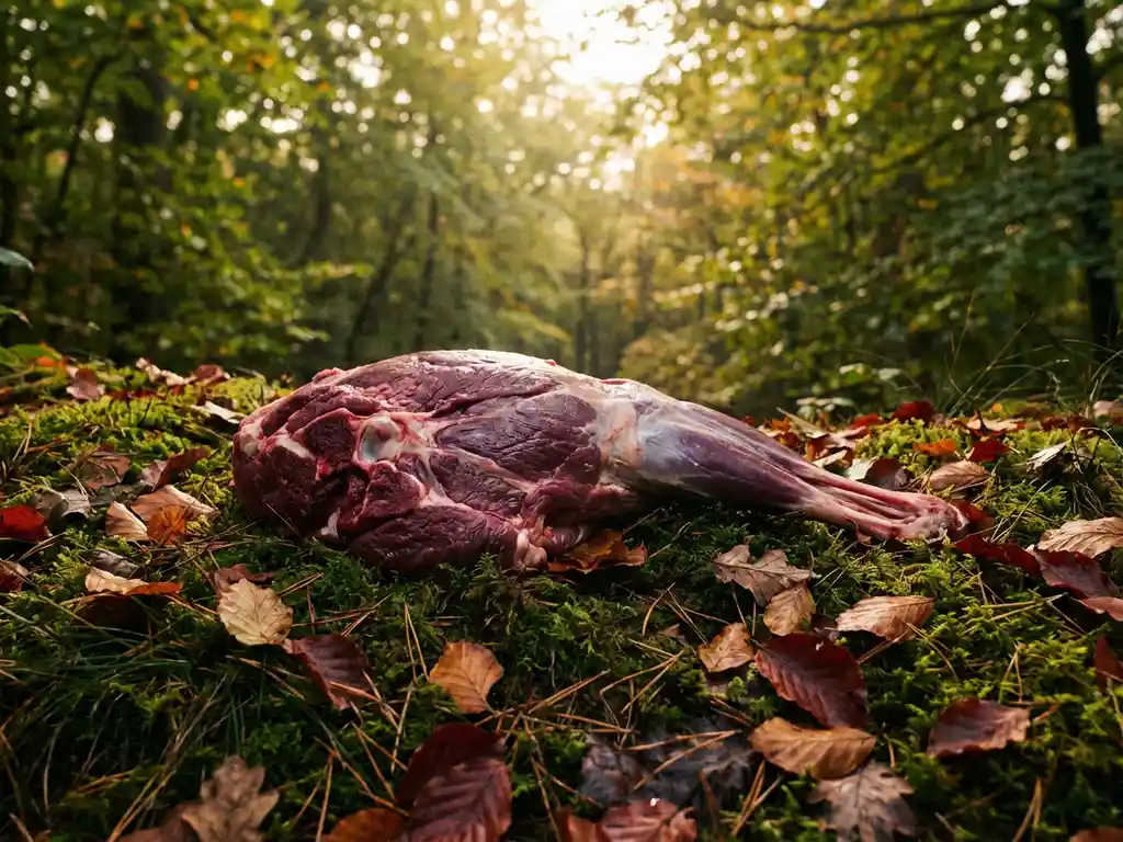 Vers geoogste wilde hertenbout op een bemost bosbad, omringd door dennennaalden en herfstbladeren.