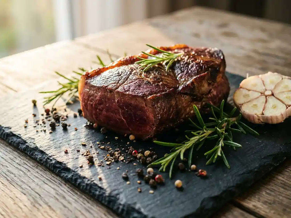 Dik wild zwijnsteak op een leisteen plank met rozemarijn, gekneusd peper en knoflook in warm natuurlijk licht.