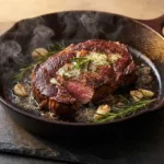 Dik hertenbiefstuk in gietijzeren pan met kruidenboter, rozemarijn en knoflook op leisteen ondergrond.