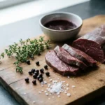 Verse hertenbiefstuk op een houten snijplank met tijm, jeneverbessen, grof zeezout en een kom rode wijnmarinade.
