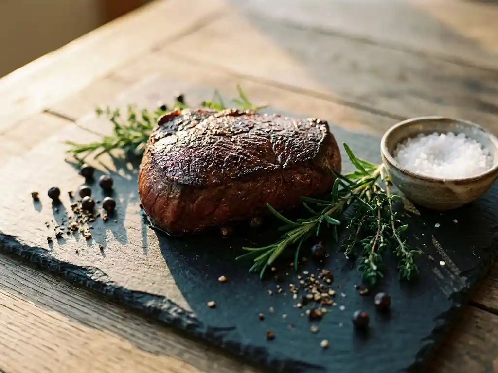 Dik hertenbiefstuk op een leistenen plank met rozemarijn, tijm, jeneverbessen en grof zeezout.