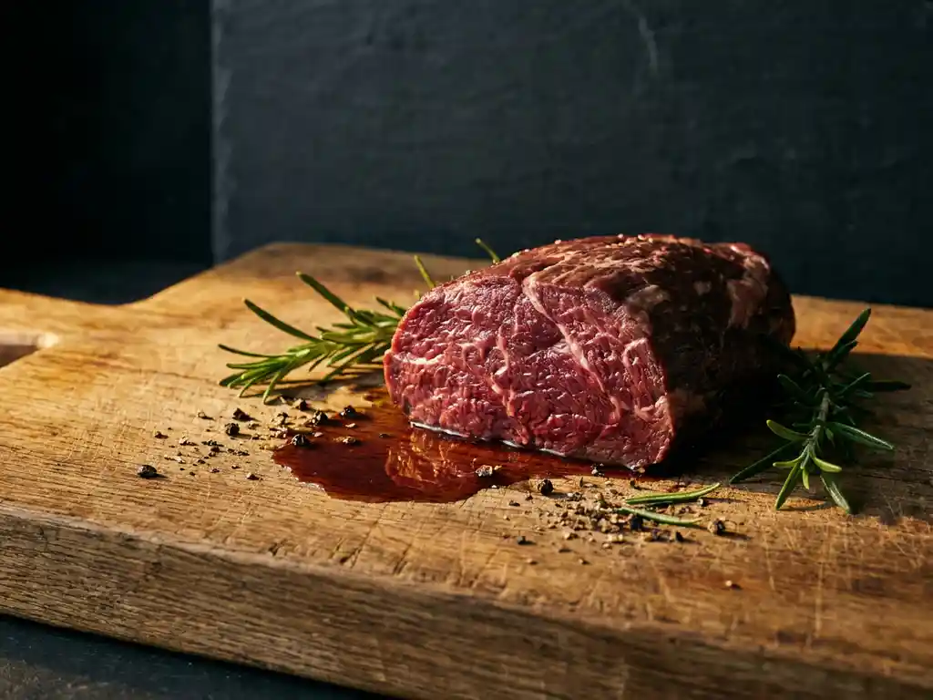 Dik gesneden hertenbiefstek op een verweerde eiken snijplank met robijnrood vlees, rozemarijn en zwarte peperkorrels.