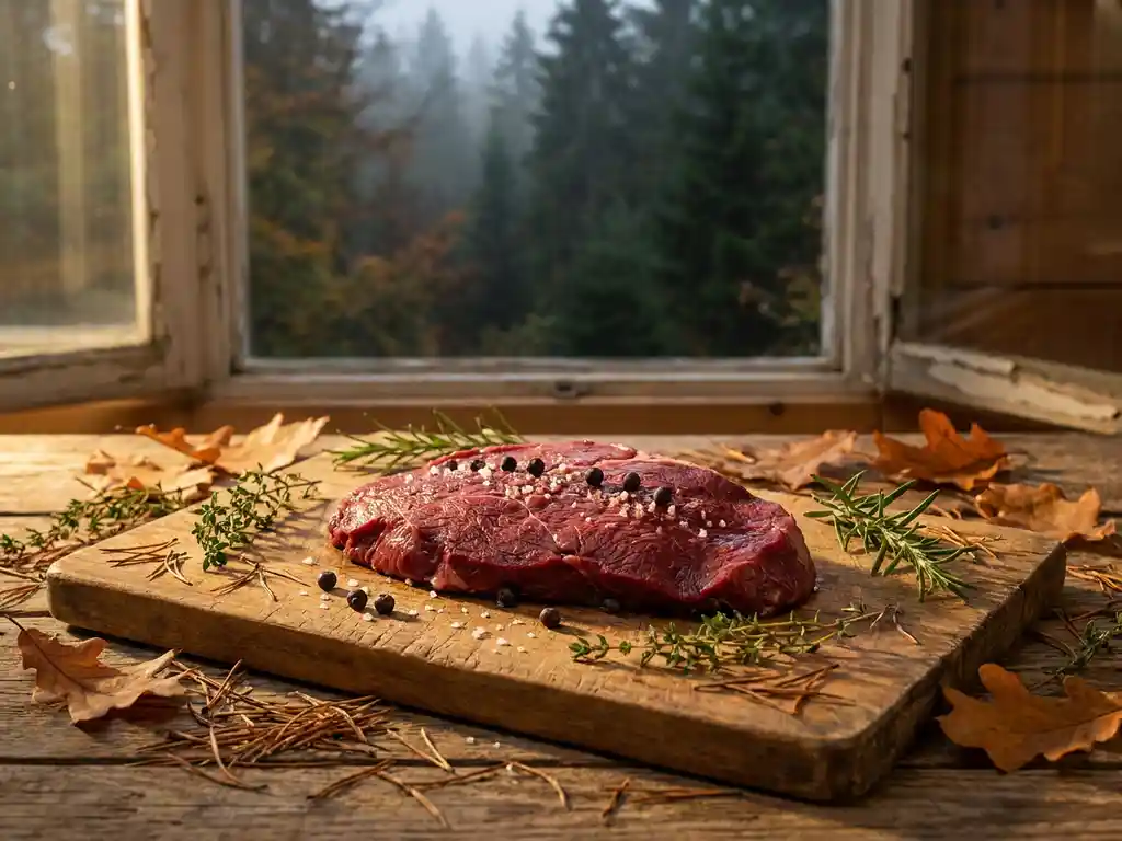 Vers hertenbiefstuk op een verweerd houten snijplank, omringd door wilde kruiden en herfstbladeren, met een Nederlands bos op de achtergrond.