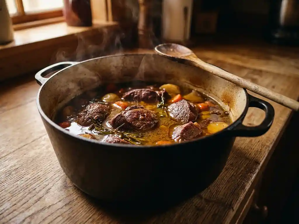 Suderende hertenstoofpot in gietijzeren pan met wortelgroenten, glanzend amber vocht en houten lepel op de rand.