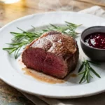 Garing gebakken hertenbiefstuk op wit keramisch bord met verse rozemarijn en robijnrode bessensaus.