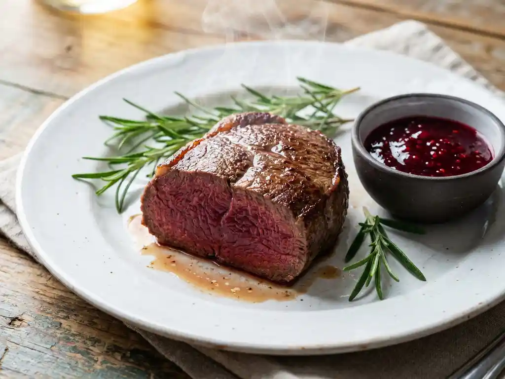 Garing gebakken hertenbiefstuk op wit keramisch bord met verse rozemarijn en robijnrode bessensaus.