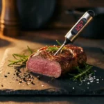 Garing gebakken hertenbiefstuk op leisteen met een vleesthermometer in het roze midden, rozemarijn en zwarte peper ernaast.
