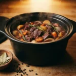 Hertenstoofpot met wortelgroenten en tijm, zachtjes borrelend in een matte zwarte slowcooker op een rustiek houten aanrecht.