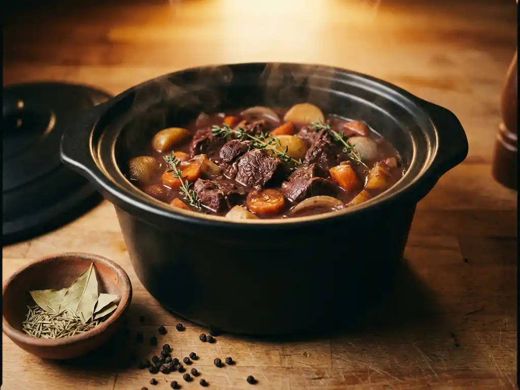 Hertenstoofpot met wortelgroenten en tijm, zachtjes borrelend in een matte zwarte slowcooker op een rustiek houten aanrecht.