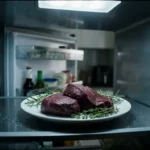Rauwe hertenvleesbiefstukken op wit keramisch bord in koelkast, met verse rozemarijn en tijm, diepburgundyrood vlees.