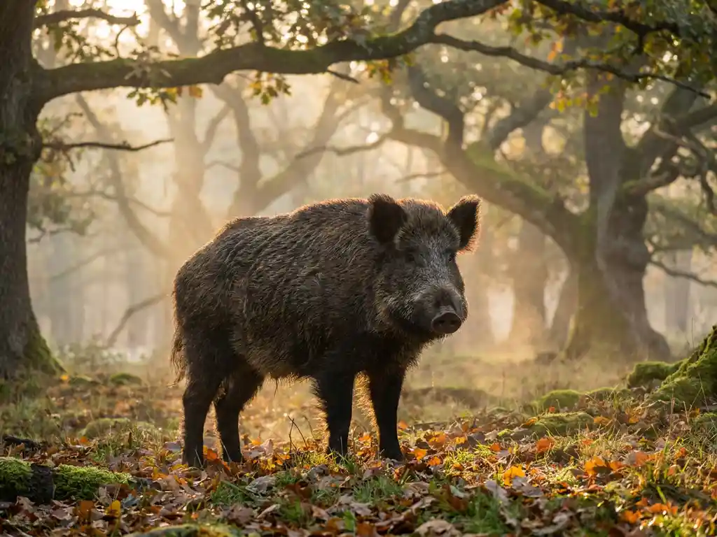 Alertstaand wild zwijn in mistig Nederlands herfstbos met eikenomen, ochtendlicht op ruw donker borstelhaar, gevallen bladeren op mosrijke bosbodem.