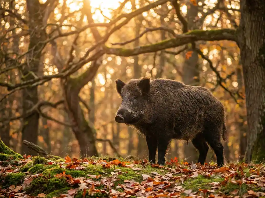 Wild zwijn alert staand aan bosrand op de Veluwe, herfstbladeren op mosrijke bodem, gouden oktoberlight door eikentakken.