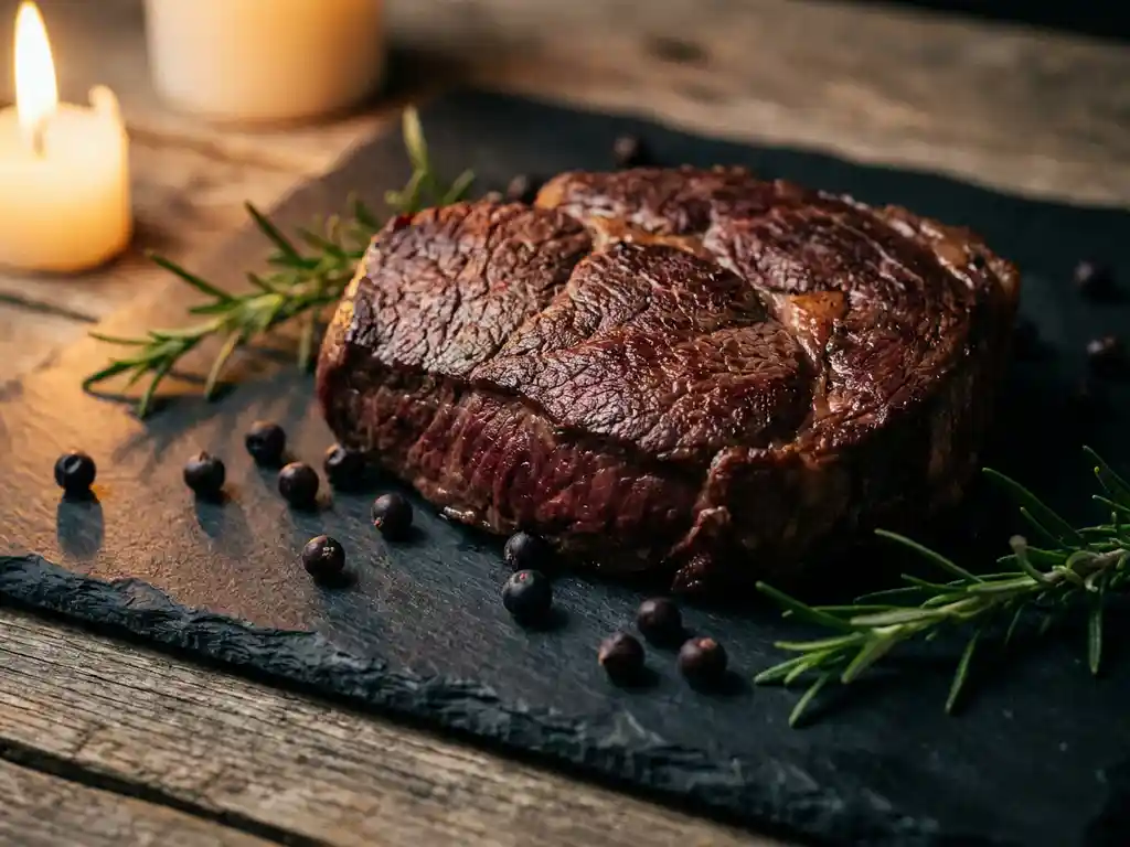 Gegrild everzwijnsteak op leisteen bord met jeneverbes­sen en rozemarijn, belicht door kaarslicht.