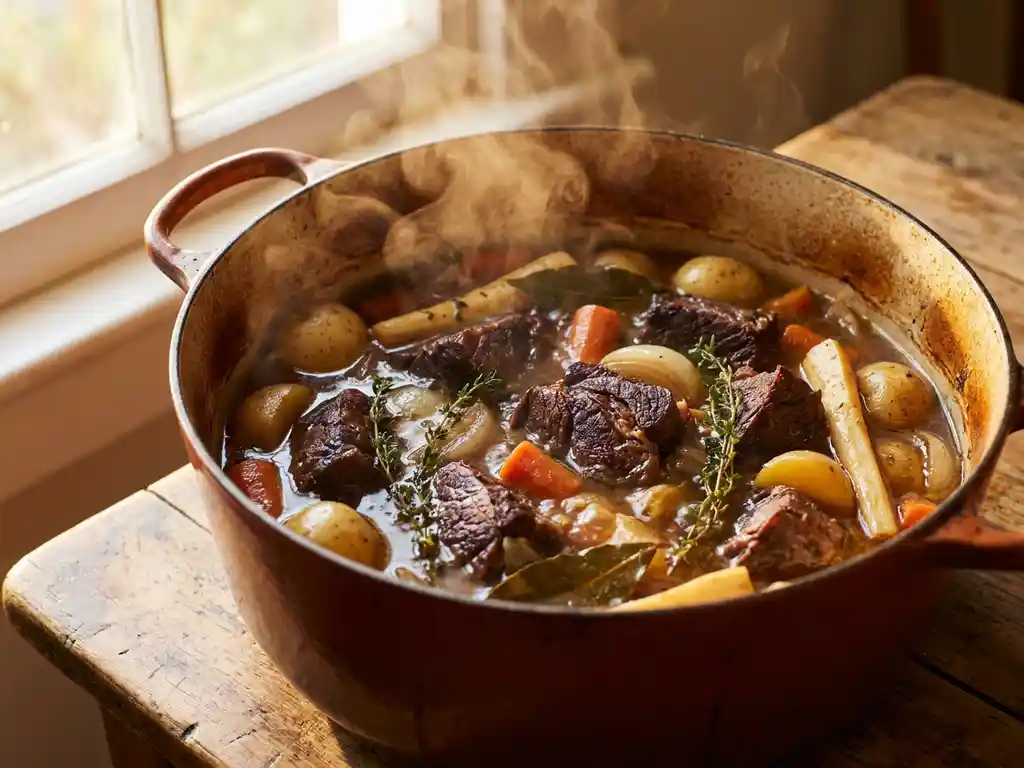 Wilde zwijn braadstuk sudderend in gietijzeren Dutch oven met wortelgroenten, tijm en amberkleurige braadvloeistof.